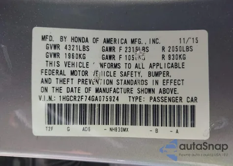 2016 Honda Accord Ex из США, поврежденный, VIN 1HGCR2F74GA075924